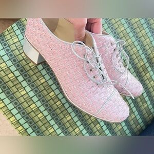 CHANEL Pink and Silver Woven Espadrilles